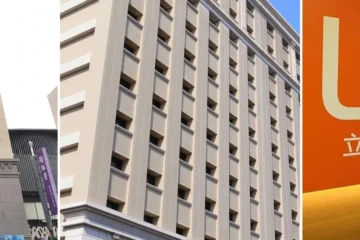 由左至右：台南富華大飯店、台南富信大飯店、立和商旅台南館外觀